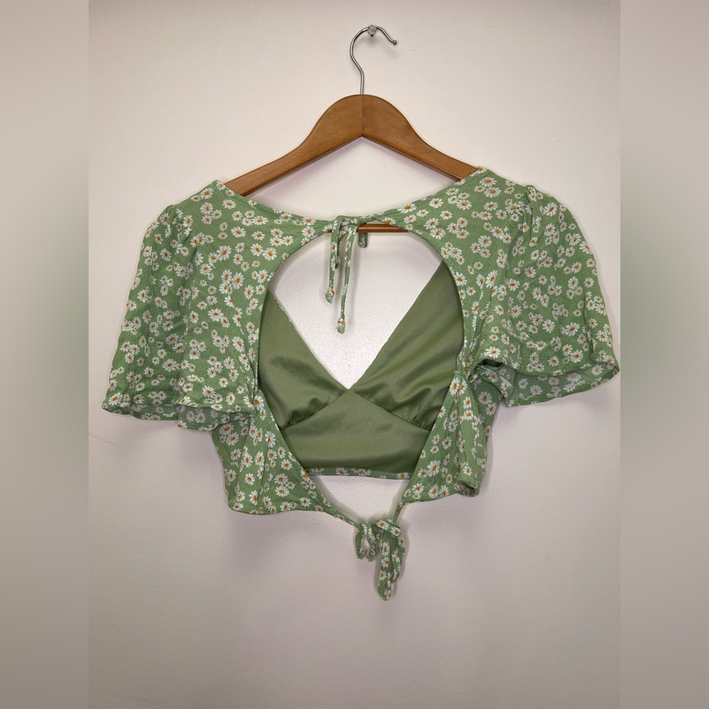 Timing Green Daisy Print Tie Back Crop Top Puff Sleeve Cottagecore Size L - Picture 6 of 9
